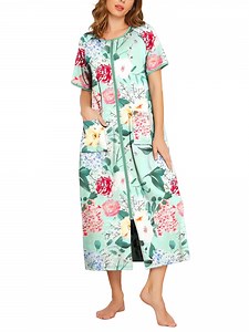 Avidlove Women Zipper Front Robes Full Length Housecoat Short Sleeve Bathrobes with Pocket Loungewear