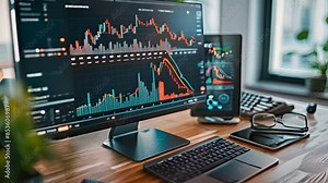 Modern workspace featuring financial data charts displayed on multiple screens. Ideal for business, finance, and stock market themes.