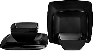 Melamine 12pcs Classic Square Dinnerware Set, Concise Plates and Bowls Set, Service for 4, Dishwasher Safe Black