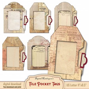 Vintage File Pocket Tags: Printable Junk Journal Embellishments Cut-out Folder Tags With Inserts - Etsy