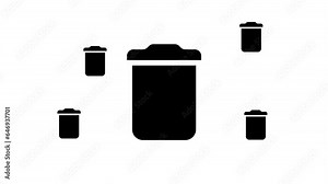 Zoom in and out animation the trash symbol. Large black symbol in the center and four small symbols around. Seamless looped 4k animation on white background
