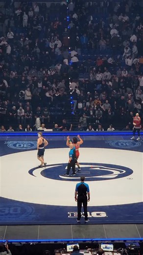 AJ Ferrari does his signature split after defeating Cole Mirasola by 2-1 decision. Let's just say the Penn State faithful are not his biggest fans 😂 #WeAre #PSUwr #PennState #Nebraska #NCAAWrestling | Basic Blues Nation