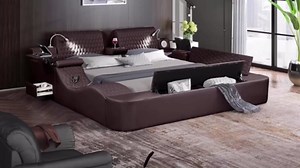 Multifunctional Smart Bed, Luxury Bed Frame with Reading Light & USB Port and Speakers, Storage Bed Frame with Massage Chair, Lift End Table and 6 Storage Design, No Box Spring Needed (Beige, Queen)