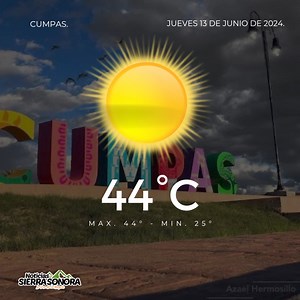 #Clima // Pronóstico del Tiempo en Sonora por la Coordinación Estatal de Protección Civil. ☀️🌞 Basándose en la valoración y análisis de la información meteorológica, la Coordinación Estatal de Protección Civil emite el siguiente pronóstico para el día de hoy en varios municipios de Sonora: - **Nacozari de García**: Temperatura mínima de 24°C, máxima de 41°C. Cielos despejados, humedad relativa del 9%. Vientos promedio de 15 km/h. - **Cumpas**: Temperatura mínima de 25°C, máxima de 44°C. Cielos 
