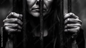 Hands grip rusty prison bars in a black and white image, conveying confinement. Ideal for crime, justice, and social issue projects.. AI Generation