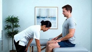 Woman bends over man sitting on therapy table