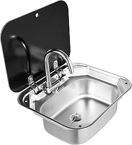 Folding RV Sink with Faucet Combo Stainless Steel Small Outdoor RV Kitchen Sink with Lid Hand Wash Basin Caravan Van Sink Bar Trailer Camper Sink with Cover and B Tap (B/14.7 * 16.7in)
