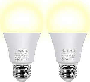 Motion Sensor Light Bulbs, Aukora 12W (100-Watt Equivalent) E26 Motion Activated Dusk to Dawn Security Light Bulb Outdoor/Indoor for Front Door Porch Garage Basement Hallway Closet(Warm White 2 Pack)