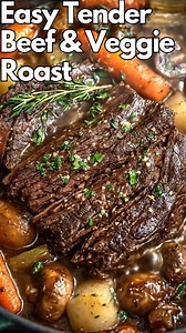 🥩🥕 Easy Tender Beef & Veggie Roast This is the kind of comfort meal you dream about all day. Fall-apart tender beef, slow-cooked with hearty vegetables in a rich, savory broth—it’s cozy, filling, and unbelievably easy. One pot, minimal prep, and leftovers you’ll crave all week. 🛒 Ingredients For the roast 2½–3 lb beef chuck roast 1 tsp salt ½ tsp black pepper 1 tsp garlic powder 1 tbsp olive oil For the veggies & broth 1 lb baby potatoes, halved 4–5 carrots, peeled 2 celery stalks, chopped 8 