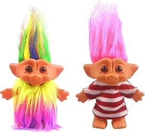 2packs Vintage Troll Dolls Set,Retro Troll Doll Chromatic Adorable for Collections, School Project, Arts and Crafts, Party Favors - 7.5" Tall(Include The Length of Hair) (Style1-Rainbow+Red)