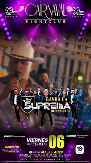 Synn Music And entertainment on Instagram: "🔥This Friday February 6🔥 Llega a @carnaval_club - @bandalasupremademanuelon - - @grupo626oficial - - @los_cosaltecos - TODOS ENTRAN GRATIS CON TICKETS en @eventbrite antes de las 10pm especial de 3 botellas x $450 b4 10pm MANDA TEXT “SYNN” AL -•747.2664329 • - #parati #fyp #baileslatinos #viralsreels #videovirals"