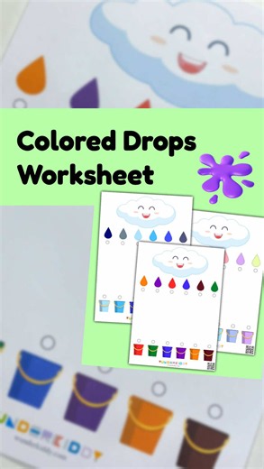 💧 COLORED DROPS WORKSHEET 🎨 How to get your PREMIUM printable? 💌 Visit WUNDERKIDDY.COM → search for: Colored Drops Worksheet 🖼 What's this activity about? The educational worksheets «Colored Drops» are meant for preschoolers to learn colors and develop their attention, memory, and concentration. The game task is to find pairs of drops and buckets, matching by color! 💧🎨 📌 How to play: 🖨 Print out the game sheets and take a pencil or marker. 👀 Ask your child to look carefully at the page.