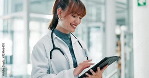 Doctor, tablet and woman with online schedule for hospital or software for telehealth, medical database and tech for healthcare. Surgeon, planning surgery and health info on clinic website with smile