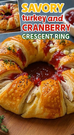 Savory Turkey and Cranberry Crescent Ring Ingredients For the Crescent Ring 2 cans refrigerated crescent roll dough 2 cups cooked turkey, shredded or chopped 1 cup shredded mozzarella or Swiss cheese ½ cup cream cheese, softened ½ cup cranberry sauce (whole berry or jellied) ¼ cup mayonnaise 1 tbsp Dijon mustard 1 tsp garlic powder ½ tsp onion powder Salt & pepper to taste 1 egg (for egg wash) Fresh rosemary or parsley (optional, for garnish) Instructions 1. Preheat the Oven Preheat your oven to