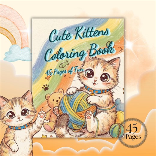 Kitten Coloring Book for Kids | 45 Kawaii Pages, Drawing Tutorials (PDF   PNG) - Etsy