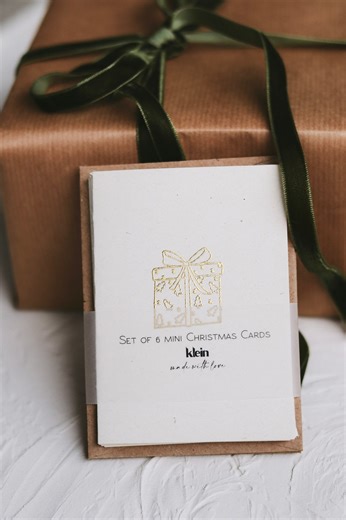 Gold Embossed Mini Christmas Cards, Kraft Envelopes, Set of 6