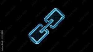 Chain hyperlink icon motion animation, continuous seamless loop from 1 to 7 second mark, turn on off animation, futuristic cyber technology look, neon laser lines on black background.