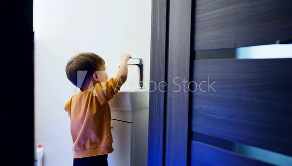 Rear view of a toddler standing in the bathroom. Baby boy opens and closes the water faucet.