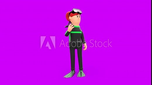 3D Rendered Animated Scene Of Cartoon Female Scuba Diver In Scuba Suit Putting On Goggles, Oxygen Hose, Standing In Green Background.