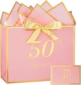 momoake 50th Birthday Gift Bag with Card and Tissue Paper for Women/Her, 1976 50 Year Old 13" Elegant Pink Gold Anniversary Keepsake Party Present Shopping Paper Bags for 50th Birthday Decorations