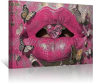 PBXBJY Lip Canvas Wall Art Abstract Sexy Woman Lip Pictures Heart Shape Diamond Butterfly in Mouth Poster Prints Colorful Artwork Beauty Salon Makeup Room Decor (Pink, (12.00" x 18.00"))