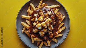 Delicious Poutine with Fries, Cheese Curds, and Gravy on Plate