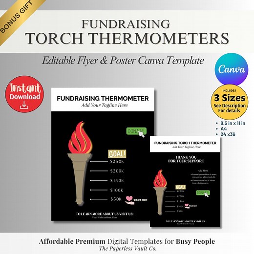 Editable Fundraising Thermometer: Torch Goal Tracker (canva Template) - Etsy