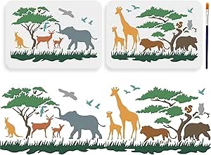 MAYJOYDIY 2pcs Jungle Animals Stencil 11.7×8.3inch Large Wild Animals Drawing Stencils with Paint Brush Grassland Elephant Giraffe Lion Bear Deer Template for Canvas Wall Wood DIY Craft Home Decor