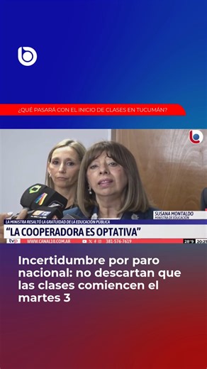 POSTERGARÍAN EL INICIO DE CLASES PARA EVITAR EL PARO DOCENTE EN TUCUMÁN 📣 La ministra de Educación, Susana Montaldo, confirmó que el inicio del ciclo lectivo podría postergarse un día para evitar la confrontación gremial prevista para el lunes. La medida responde al paro nacional convocado por Confederación de Trabajadores de la Educación de la República Argentina, que impactaría en el normal comienzo de clases en la provincia. 📚 La funcionaria señaló que las clases comenzarían el martes, a la