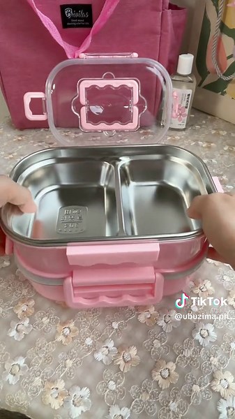 Pink Double Layer Lunch Box with Bag and Utensils