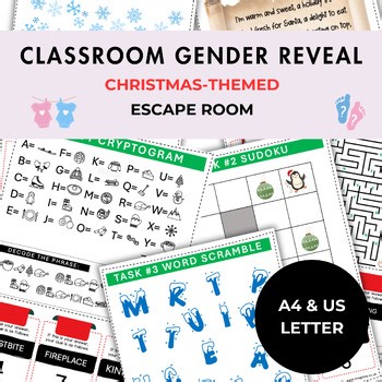 Printable Classroom Gender Reveal Escape Room - 6 puzzles - Christmas Theme