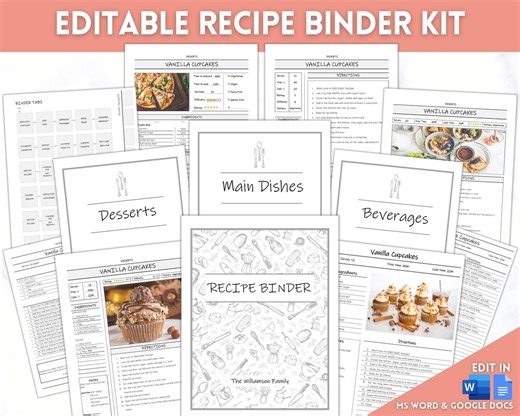 EDITABLE Recipe Binder Kit, Recipe Book Template BUNDLE, Cookbook Kit, Recipe Card, Recipe Page, Recipe Sheet, Food Planner, 35  Pages - Etsy