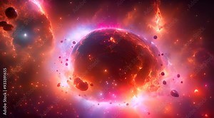 A fiery apocalypse in space destroys cosmic objects, with planets shattering like glass, stars exploding into brilliant supernovas, and asteroid belts disintegrating into glowing dust