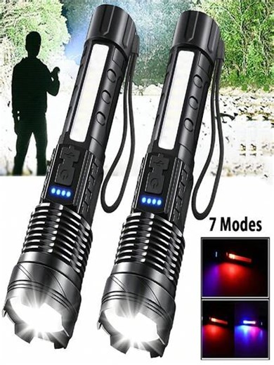 Linterna LED de alta potencia con luz blanca, resistente al agua IPX65, con batería incorporada, recargable por USB, linterna táctica, súper brillante, adecuada para camping al aire libre, senderismo, caza, emergencias y otros escenarios | SHEIN