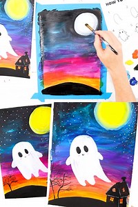 387K views · 1.1K reactions | How to Paint a Ghost  ✨ This easy Halloween art project is full of character, with a friendly little ghost floating through a glowing night sky #artycraftykids #artforkids #kidsart #artideas #Halloween | Arty Crafty Kids | Facebook
