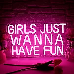 Girls Just Wanna Have Fun Neon Sign for Wall Decor, Retro Style Pink LED Neon Signs, Wedding Party Girl Neon Light Sign,USB Powered for Teen Bedroom Aesthetic Wedding Party Christmas Birthday