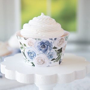 Wedding Cupcake Wrappers - PRINTABLE Floral Cupcake Wraps Pdf, Dusty Blue Azure, Bridal Shower Ideas, Wedding Cupcakes, Dessert Table Idea - Etsy
