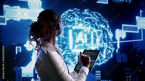 Seasoned IT contractor programming scripts on tablet, employing AI machine learning. Proficient worker manipulating lines of code for artificial intelligence applications development