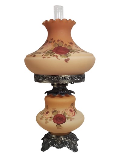 Vintage Hurricane Lamp Peach With Burgundy Red Floral Flowers 24" - 27" Tall - All New Wiring and Switch / Socket Installed - Etsy