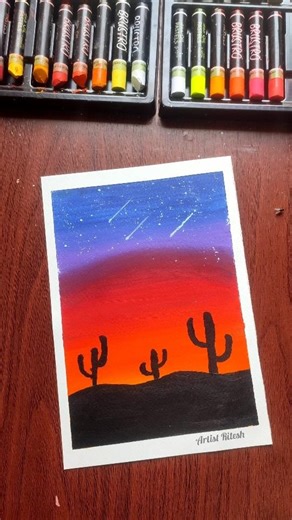 Easy Sunset Desert Drawing with Oil Pastels | Step-by-Step Tutorial 🌅