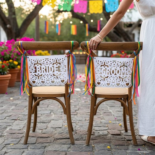 Bride & Groom Signs | Papel Picado Wedding Chair Signs | Custom Text and Colors - Etsy