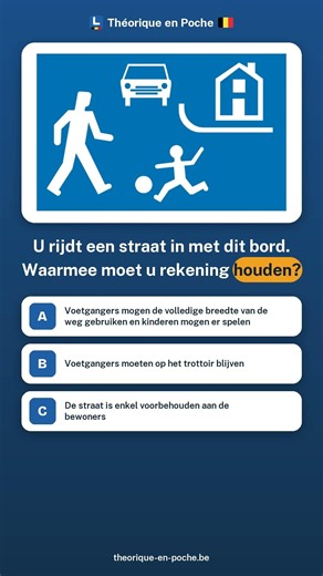 U rijdt een straat in met dit bord. Waarmee moet u rekening… ? — Théorique en Poche 🇧🇪 Rijbewijs