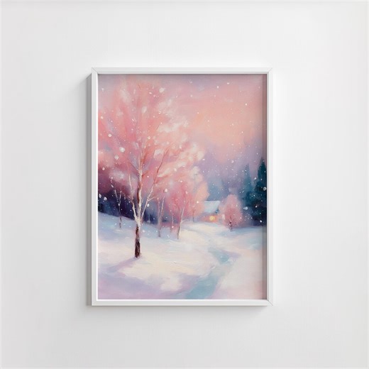 Pastel Winter Wonderland With Blush Pink Trees - Dreamy Cottagecore Scene, Serene Watercolor Landscape, Cozy Snowy Digital Download - Etsy