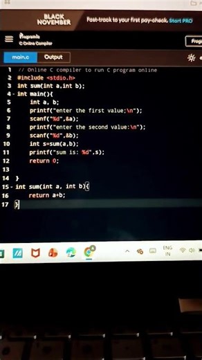 finding sum in c language using function #coding #clanguage #shorts