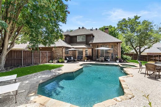 708 Nocona Drive Allen TX 75013 4 beds 3 baths 3,164 SqFt Almost one-third acre, pie-shaped lot on a small culdesac street in Twin Creeks 1! With a beautiful oversized pool and spa, plenty of yard, and large, mature trees. Don't miss the oversized, flat driveway. Built by Huntington Homes with Huntington quality - this is a well-built house. Hardwood floors in study, dining, family room, and downstairs bedrooms. Study and dining off the entry. The study has vaulted ceilings and can lighting. The