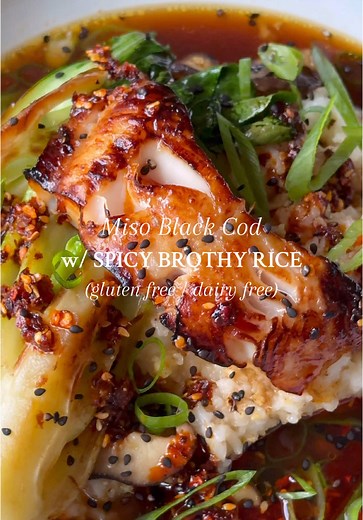 MISO BLACK COD IN SPICY BROTHY RICE (GF / DF) ✨ This dish may quite honestly be one of the best things I’ve ever made. The slightly sweet and pillowy black cod with the spicy broth, mushrooms and bok choy make the absolute perfect dish. Save and follow @caitlinjesson for easy gluten free and dairy free recipes. 2 baby bok choy, quartered 8 oz shiitake mushrooms, stems removed and sliced 2 tbsp olive oil 2 tsp fresh ginger, grated 2 cloves garlic, grated 2 cups chicken bone broth 2 tbsp tamari 1 