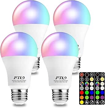 FTL Color Changing Light Bulb with Remote Control, A19 E26 Dimmable RGB LED Colored Light Bulbs 8W 60W Equivalent, 30 Colors, 2700K-6000K, Timer, Multi Color Recessed Light Bulbs for Bedroom, 4-Pack
