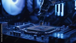 Installing a CPU into a motherboard using a robotic manipulator. Concept of a powerful computer.