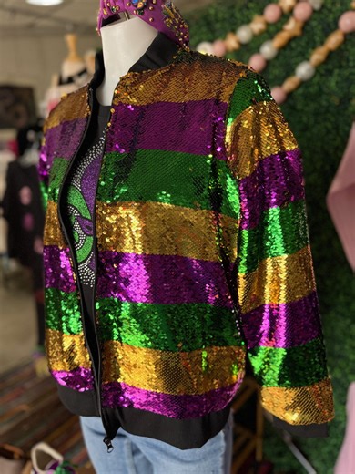 Mardi Gras Striped Sequin Bomber Jacket for Mardi Gras Parade - Etsy