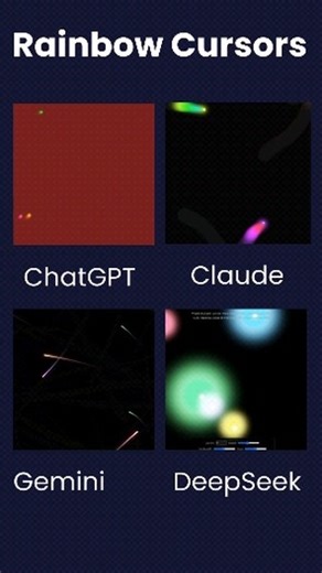 One Prompt on Instagram: "Prompt: HTML animation of rainbow cursors. Multiple colorful cursor trails follow the mouse movement smoothly across the screen. The cursors start slowly, accelerate with faster movement, and smoothly decelerate when the mouse stops, looping continuously. The trails cycle through rainbow colors and glow brightly during high-speed motion. Which AI did better? Comment below 👇 #chatgpt #gemini #aicreation #aicoding #aibattle"
